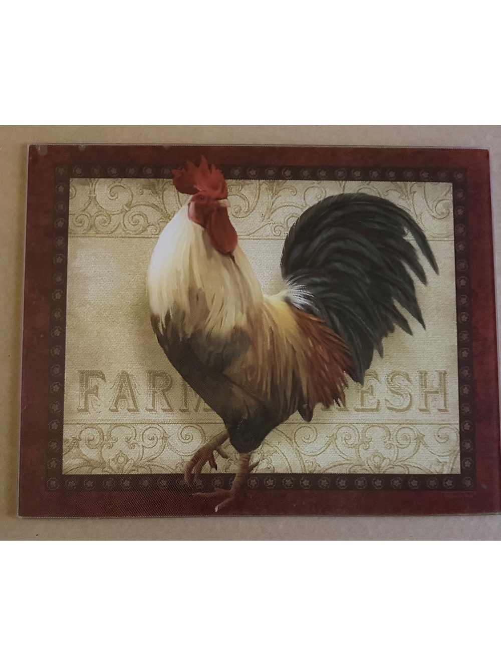 Farm Fresh Rooster Glass Cutting Board 12x16 Farmhouse Kitchen Decor
